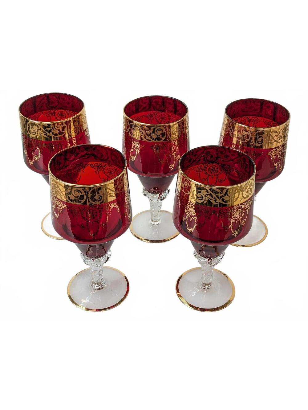 Murano Italy Venetian Ruby Glass 24K Gold Gilt Goblet 5x Set